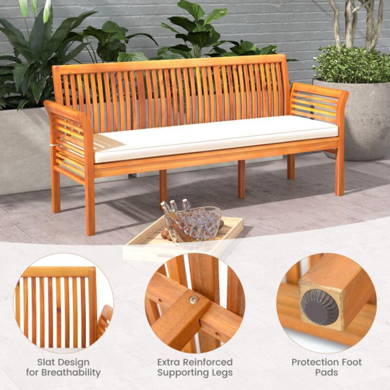Hivvago 62.5 Inches Patio 3-Seat Wood Bench with Soft Seat Cushions-White