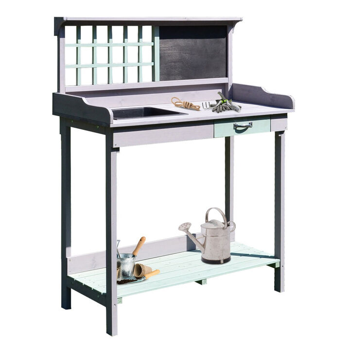 Light Gray Garden Station: Potting Bench with Sink, Blackboard & Storage