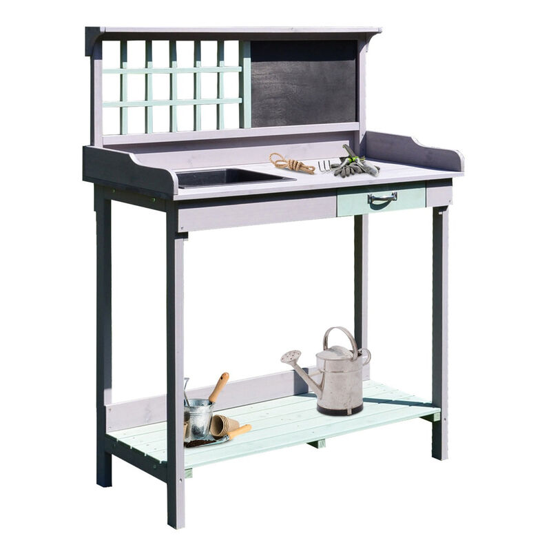 Light Gray Garden Station: Potting Bench with Sink, Blackboard & Storage