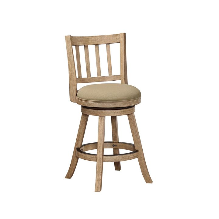 Adam 24 Inch Solid Wood Swivel Counter Stool, Slatted Back, Oat Brown-Benzara