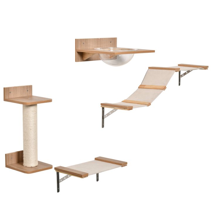 Beige Cat Playground: 4-Piece Wall-Mounted Activity Set with Hammock