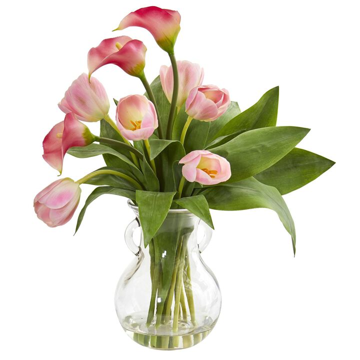 Nearly Natural 19-in Calla Lily & Tulips Arrangement in Decorative Vase