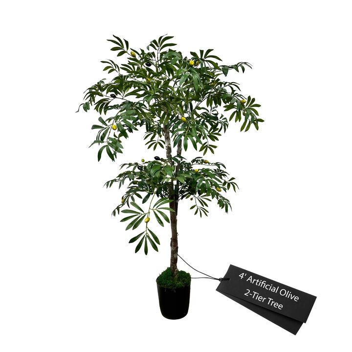 Handmade 4' Artificial Olive 2-Tier Tree In Home Basics Plastic Pot Made with Real Wood and Moss Accents