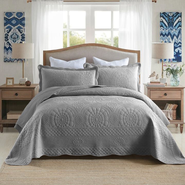 MarCielo 3 PCS 100% Cotton Oversized Bedspread Quilt Set Embroidery TF