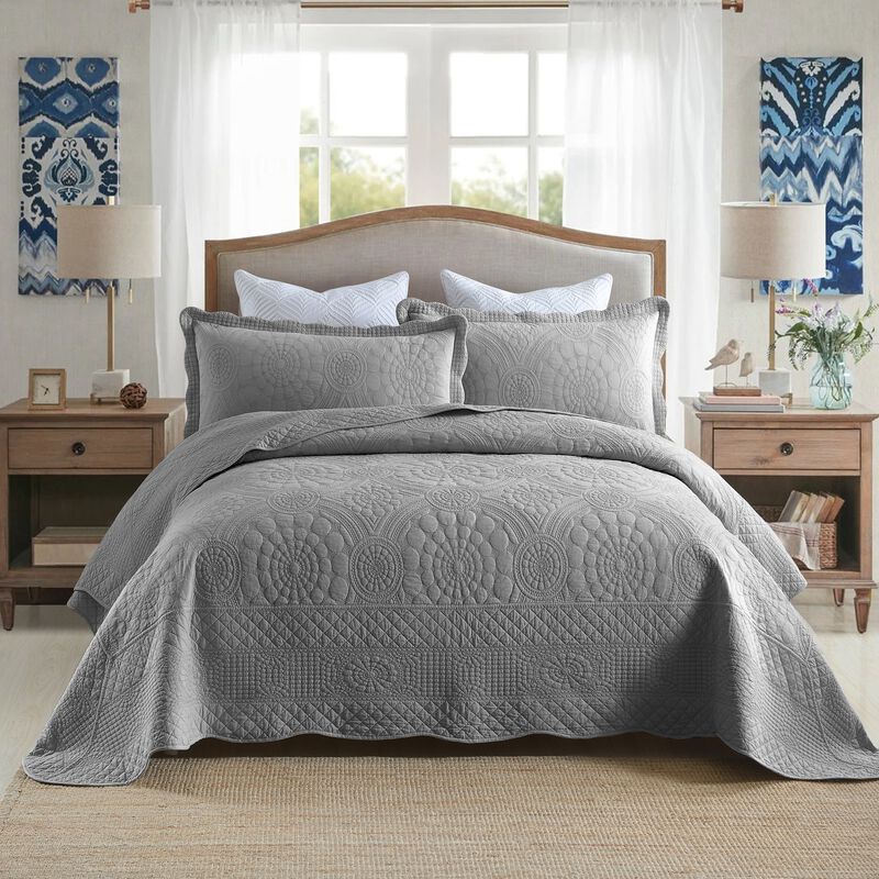 MarCielo 3 PCS 100% Cotton Oversized Bedspread Quilt Set Embroidery TF