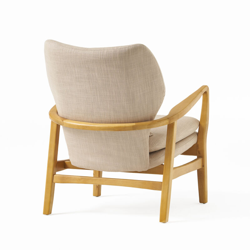 Keya Accent Chair, 1 Pillow, Beige, Button Tufted Back, Light Brown Wood - Benzara