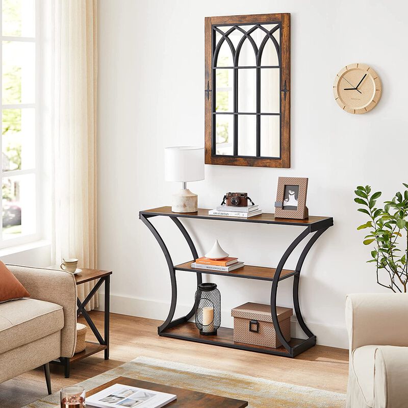 Versatile Hallway Table with Curved Frames - Rustic Brown and Black, 2 Open Shelves