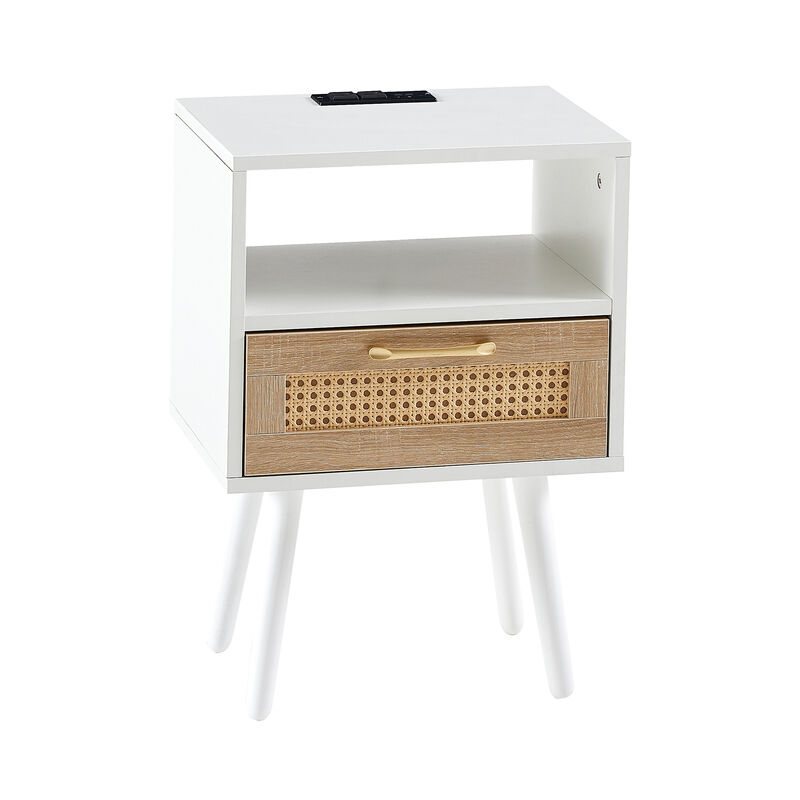 Rattan End table with Power Outlet & USB Ports , Modern nightstand with drawer and solid wood legs, side table for living roon, bedroom, white