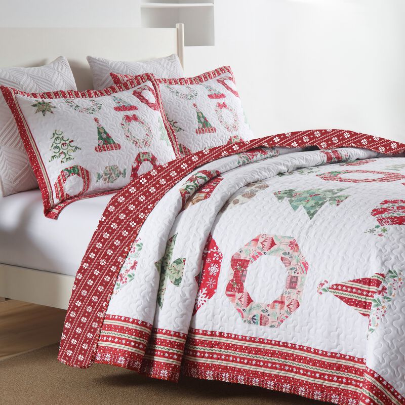Marcielo 3 Pcs Winter Red Candy Christmas Quilt Bedspread Set