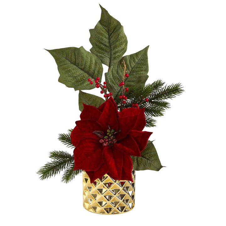 Nearly Natural 21-in Poinsettia, Berries and Pine Arrangement in Gold Vase
