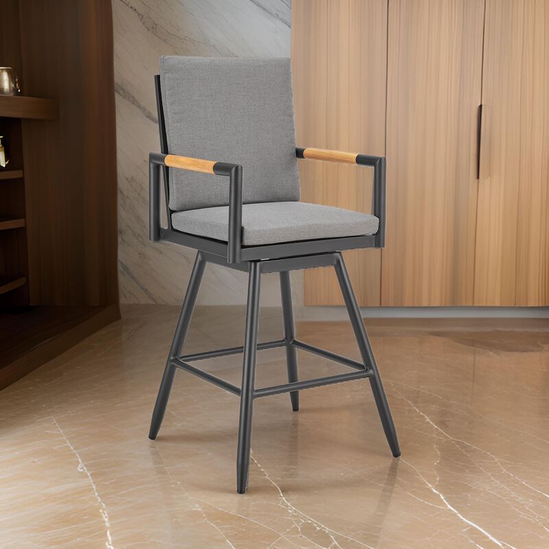 Razi 30 Inch Outdoor Swivel Barstool Chair, Black Aluminum, Gray Cushions - Benzara