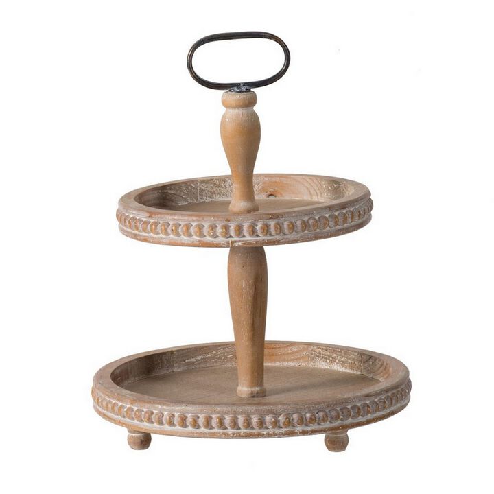 Mike 17 Inch 2 Tier Round Serving Tray, Handle, Beaded Trim, Brown Wood - Benzara