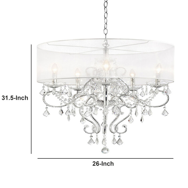 32 Inch Ceiling Lamp with Hanging Crystals, Round Canopy, Silver-Benzara