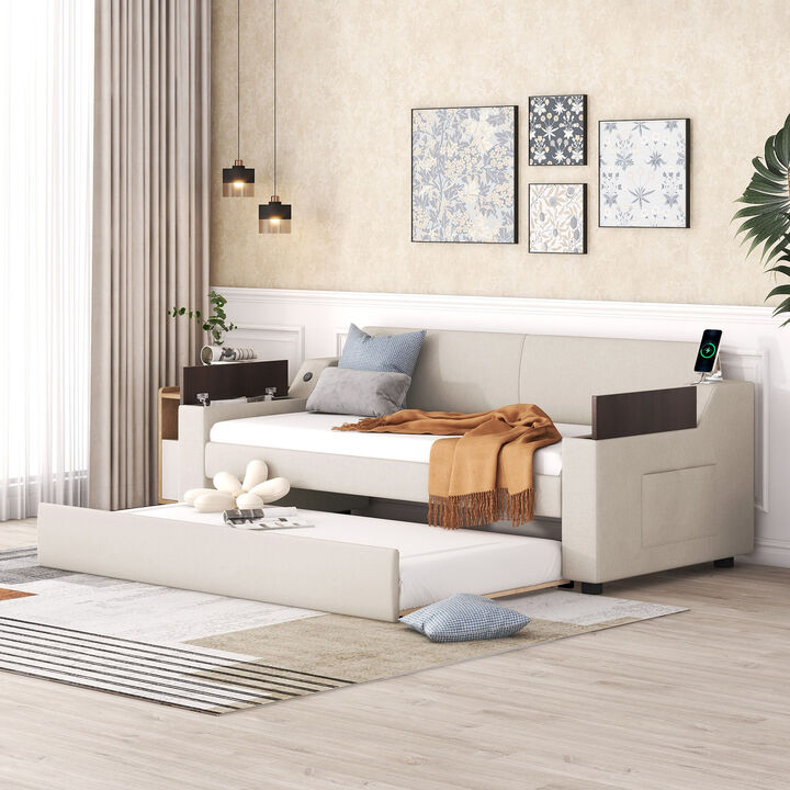 Merax Upholstery Daybed with Trundle and USB Port