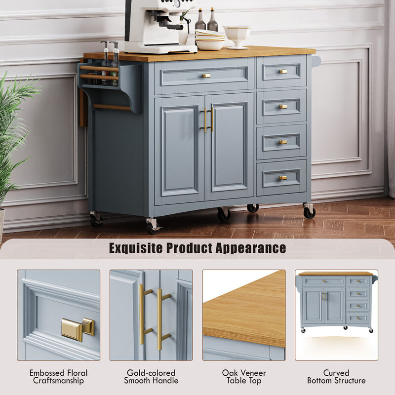 Merax Embossed Texture Kitchen Island on Wheels with Spice Rack