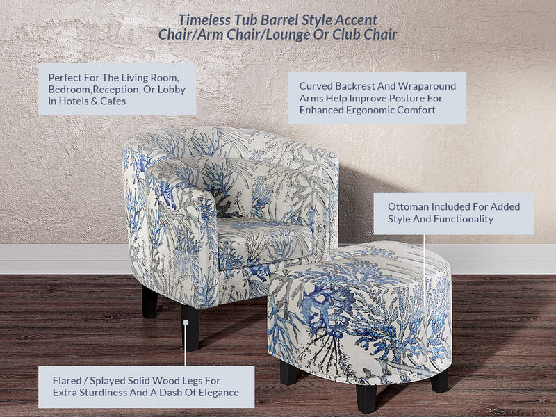 BELLEZE Accent Chair with Ottoman, Curved Back Living Room Chair, Stylish Barrel Club Chair and Footrest Set, Upholstered Round Tub Reading Chair for Bedroom - Lydia (Blue Coral)