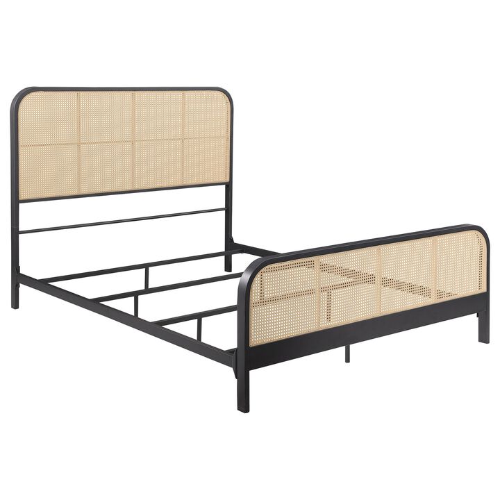 Lanie Queen Bed with Brown Open Cane Webbing Faux Rattan, Black Metal  - Benzara