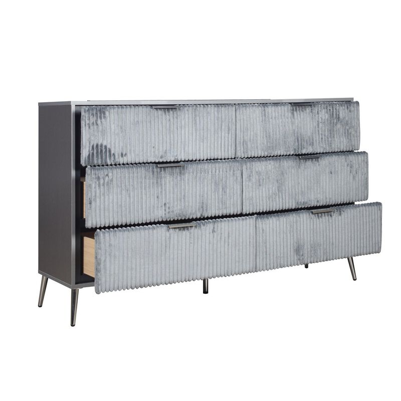 Benjara, Gray, Nickel Moko 58 Inch Wide Dresser, 6 Soft Upholstered Drawers