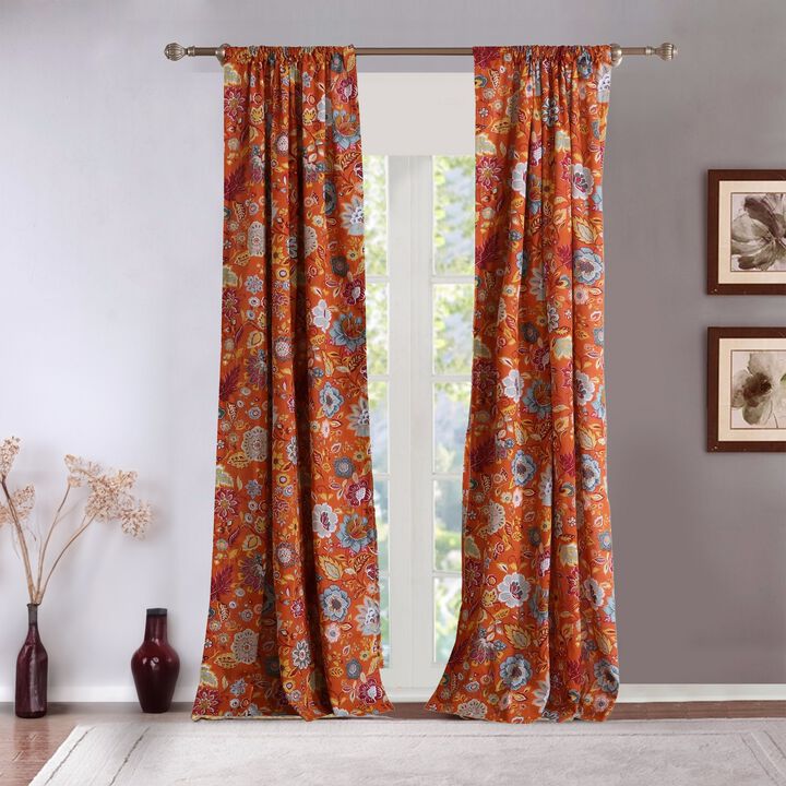 4 Piece Polyester Window Panel Set with Floral Print, Multicolor - Benzara