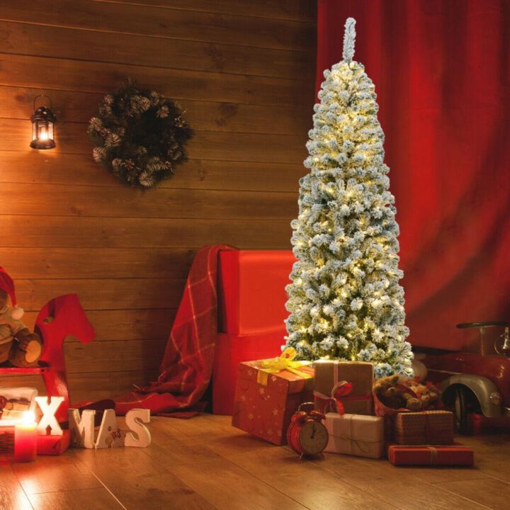 Hivvago 6 Feet Pre-lit Snow Flocked Artificial Pencil Christmas Tree with 250 LED Lights