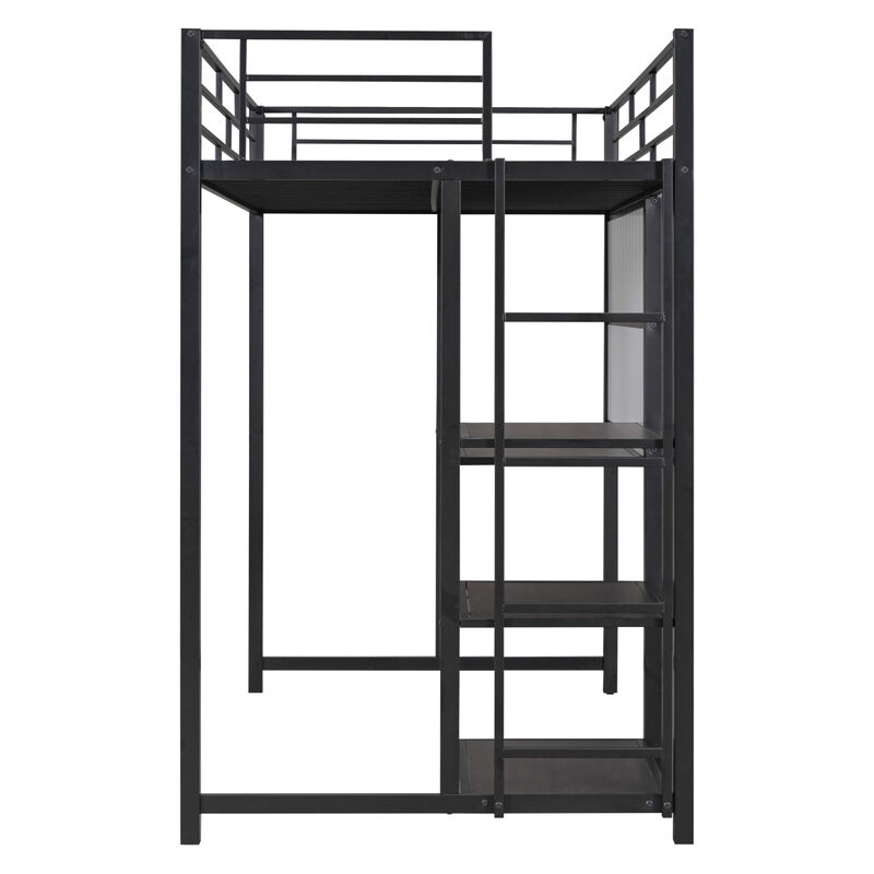 Twin Size Loft Bed With Desk And Board, Metal Loft Bed With 3 Shelves And Ladder