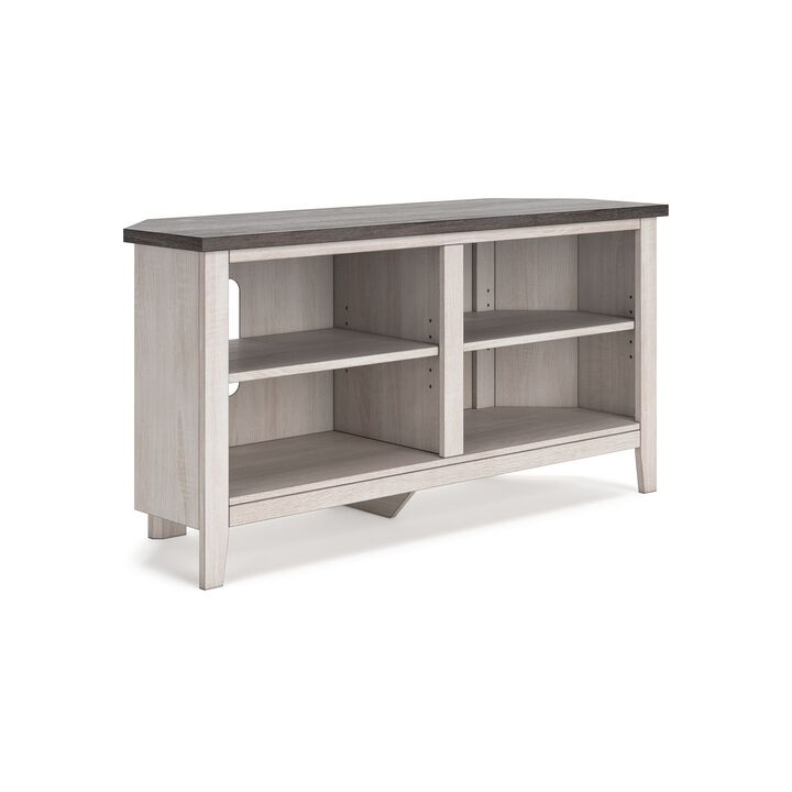 Elia Corner TV Media Console, 4 Shelves, Gray, Rustic White, 48 Inch - Benzara