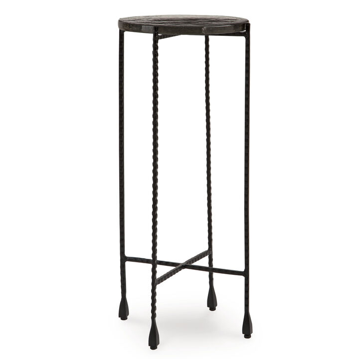 Accent Table, 11 Inch Glass Top, Industrial Black Forged Iron Legs - Benzara