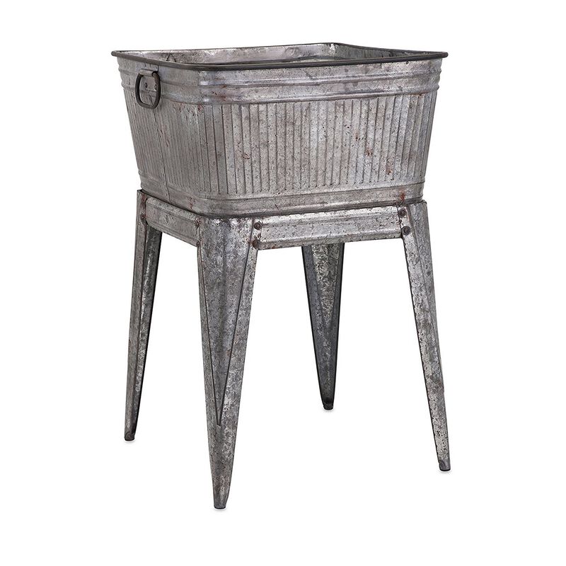 Multi Functional Galvanized Metal Tub on Stand, Gray-Benzara