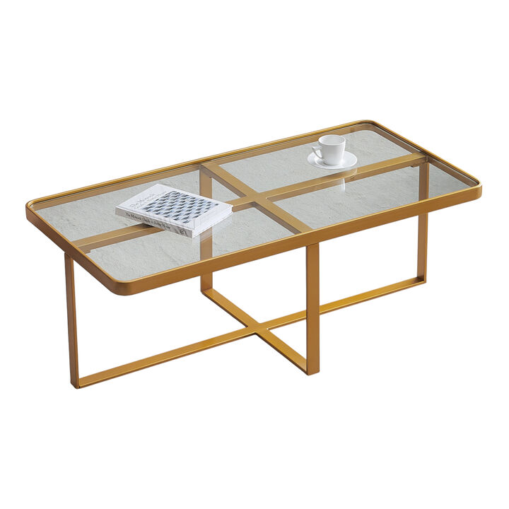 Minimalist Rectangular Coffee Table with Gold Metal Frame and Glass Top