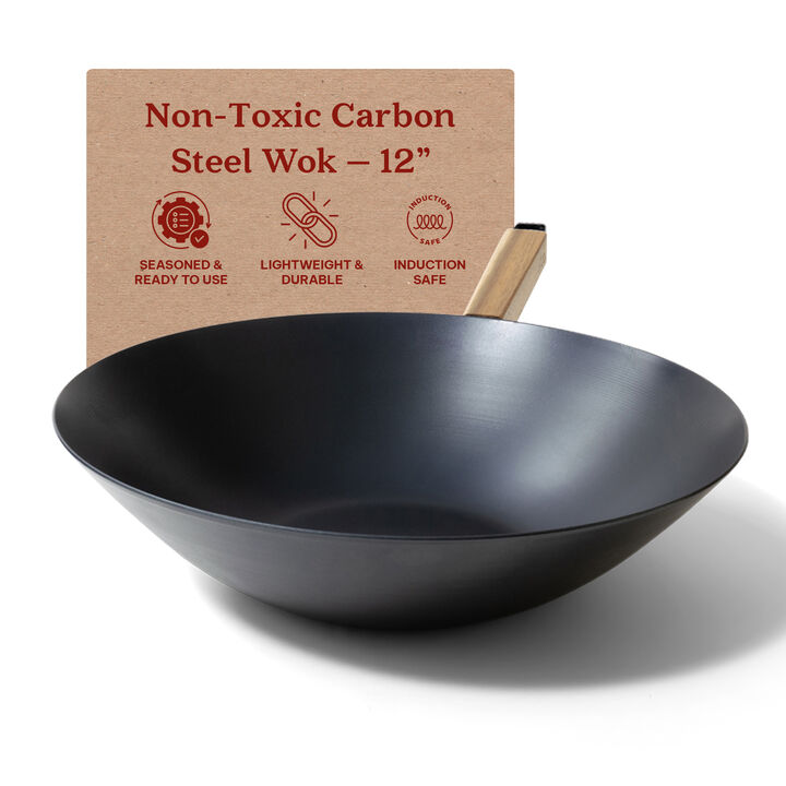 Alva Forest Carbon Steel Wok Pan 12" Pre-Seasoned with Natural Mineral Oil, Acacia Wood Stay Cool Handle Nonstick Stir-Fry Wok Pan, Non Toxic, Compatible with All Stovetops & Induction Safe
