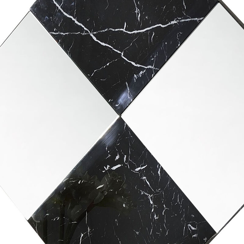Contemporary Square Accent Wall Mirror with Faux Marble, Silver and Black-Benzara