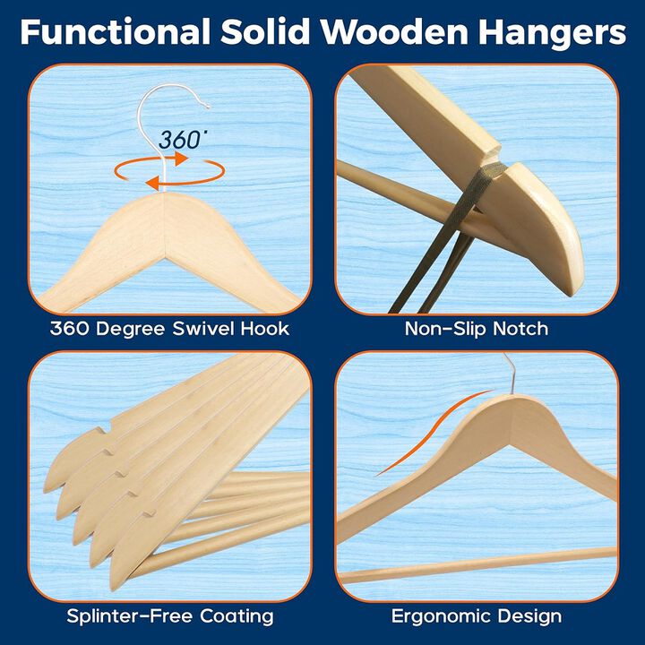 Wooden Clothes Hangers - 50 Pack, Durable, Non-Slip, Space-Saving Hangers for Dresses, Coats, and More, Holds Up to 10 lbs with 360° Swivel Hook, Natural Finish