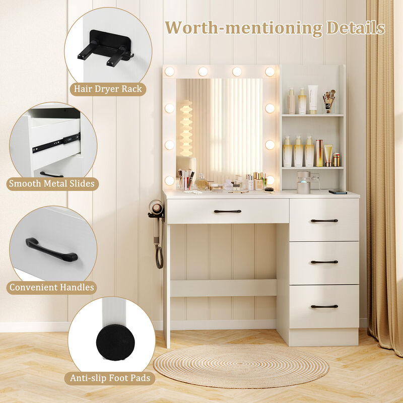Vanity Desk with 3-Color Lights and Power Outlets