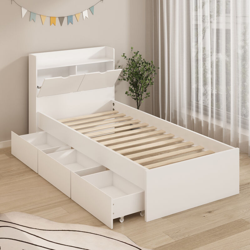 White Wood Frame Twin Bed Platform Bed Storage Bed with 3-Wheels Drawers and Headboard