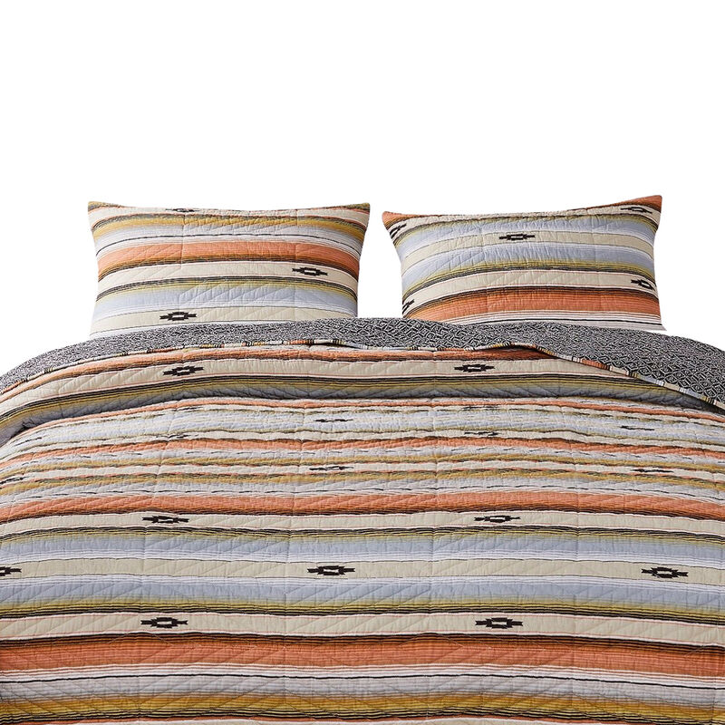 3 Piece Microfiber Full Size Quilt Set with Chevron Print, Multicolor - Benzara