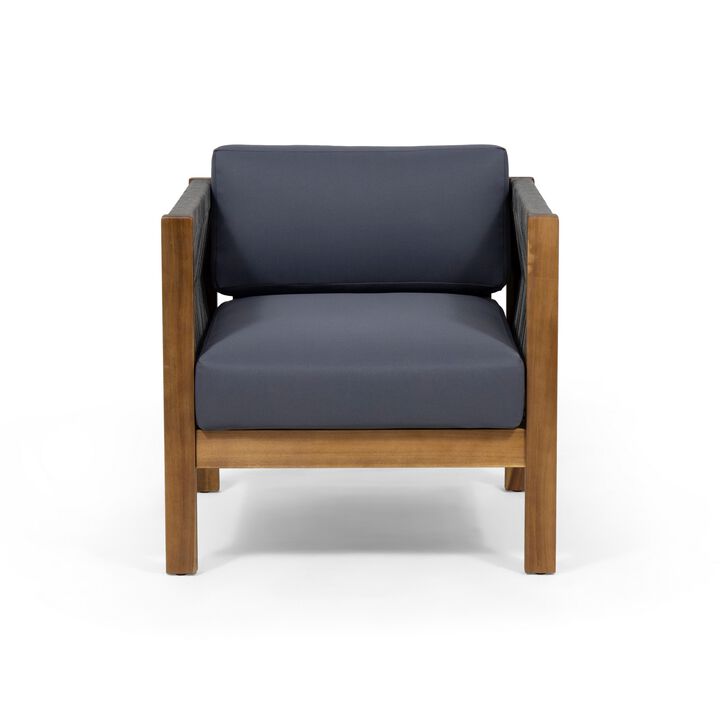 Club Lounge Chair, Woven Rattan Rope, Brown Acacia Wood, Gray Fabric - Benzara