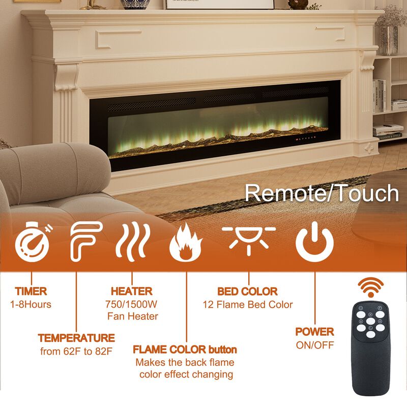 Black 72 in. Wall-Mounted Electric Fireplace with Logs & Crystals, Remote 1500/750W