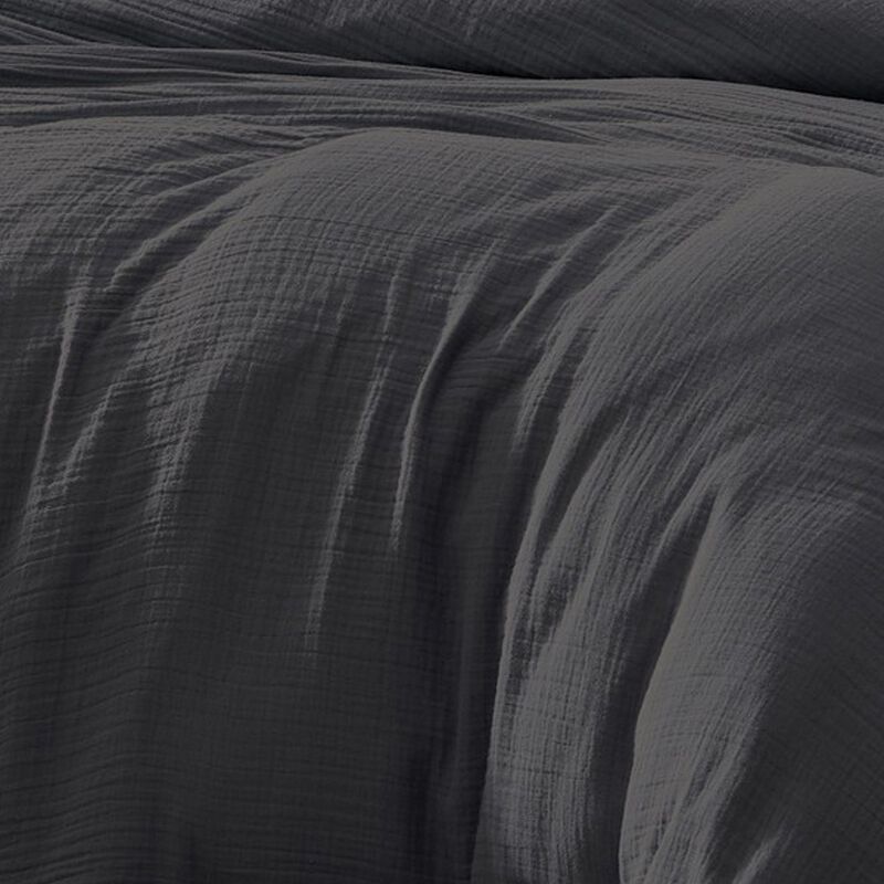 Uvi 3 Piece King Comforter Set, Cotton, Natural Crinkled Texture, Graphite - Benzara