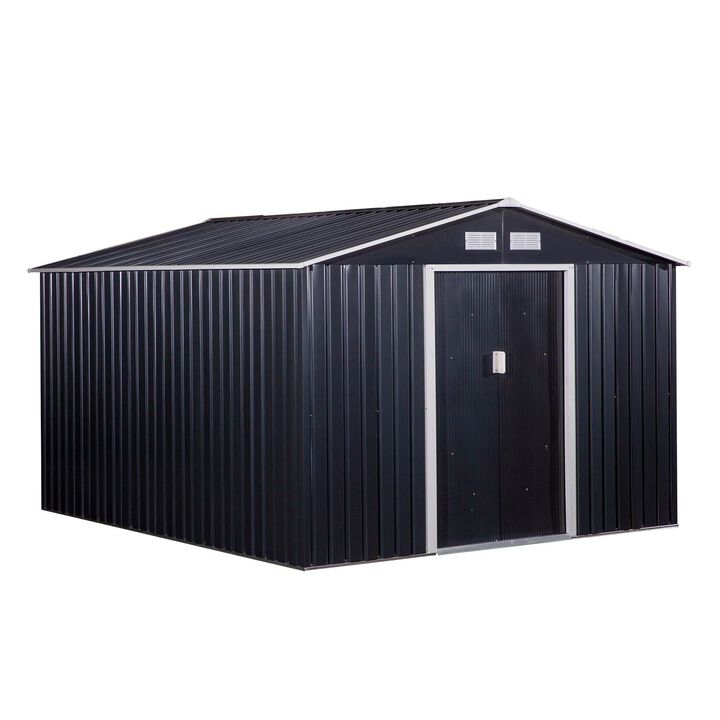 Dark Gray Garden Vault: 11'x9' Metal Storage Shed with Sliding Doors