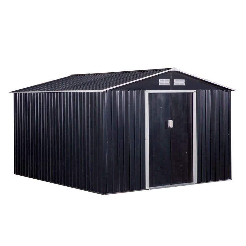 Dark Gray Garden Vault: 11'x9' Metal Storage Shed with Sliding Doors