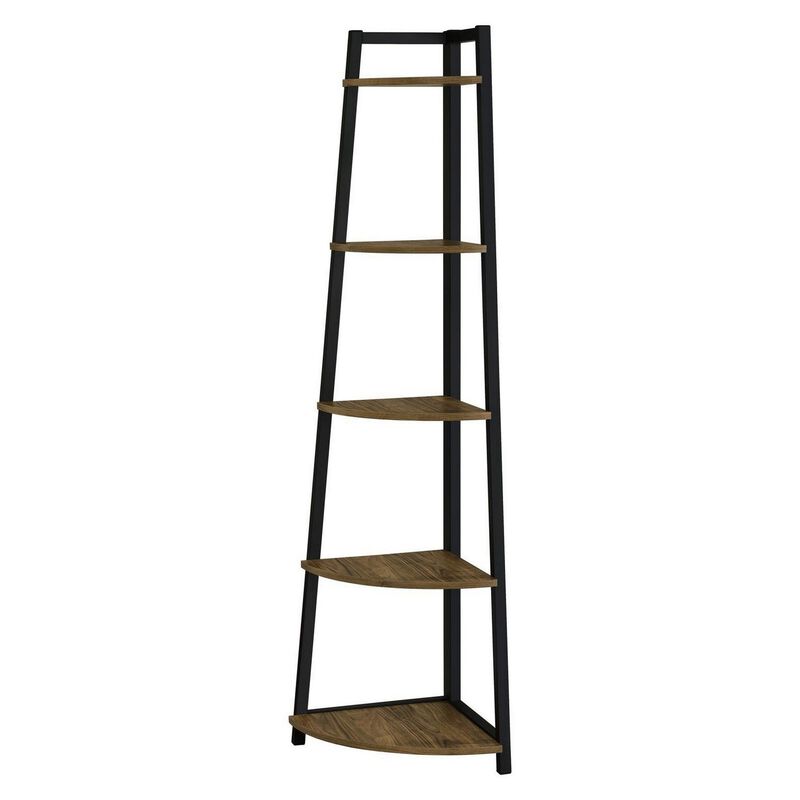 5 Tier Wooden Corner Bookcase with Metal Frame, Brown and Black-Benzara