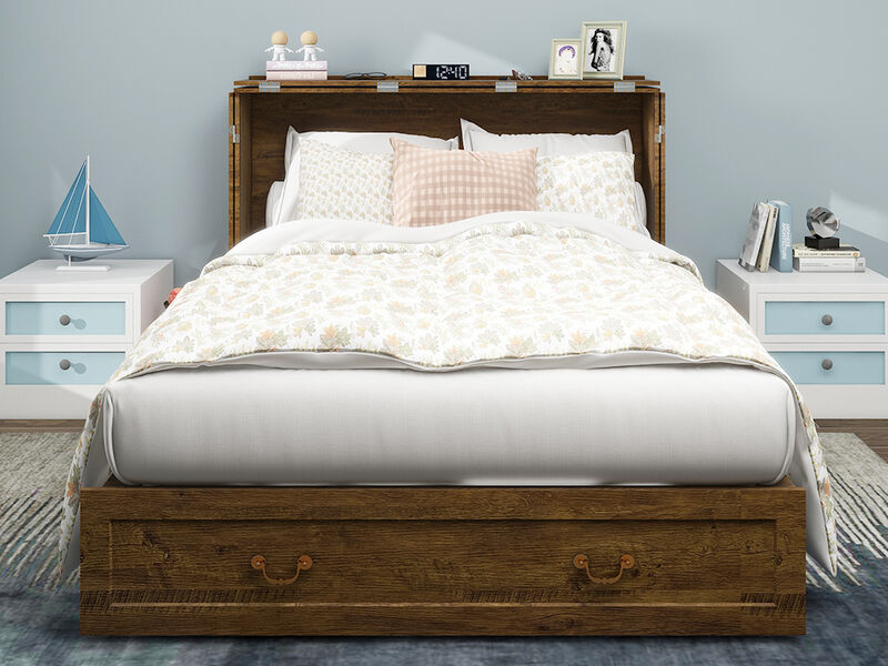 Murphy Bed Cabinet, Murphy Bed Queen with USB and Charging Ports, Murphy Bed Cabinet with Drawer,Reddish-Brown Cabinet Bed