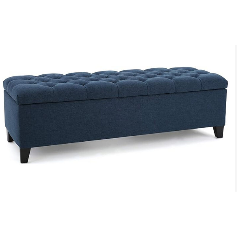 Elias Storage Bench, 51 Inch Button Tufted Blue Velvet, Solid Wood - Benzara
