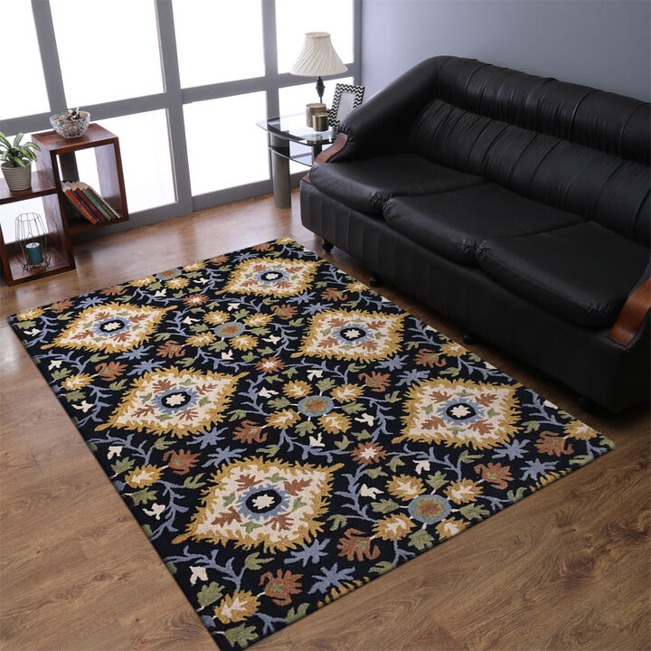 RUGSOTIC CARPETS HAND TUFTED WOOL ECO-FRIENDLY AREA RUGS  - 5'x8', Rectangle Shape, Black, Floral Modern Design, High Pile Thick Handmade Anti Skid Area Rugs for Living Room, Bed Room (K03070)