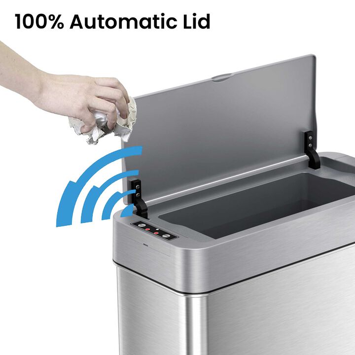 iTouchless 4 Gallon Stainless Steel Slim Sensor Trash Can (Left Side Lid Open)