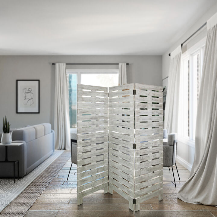 Textured 3 Panel Foldable Wooden Screen with Slats, Gray - Benzara