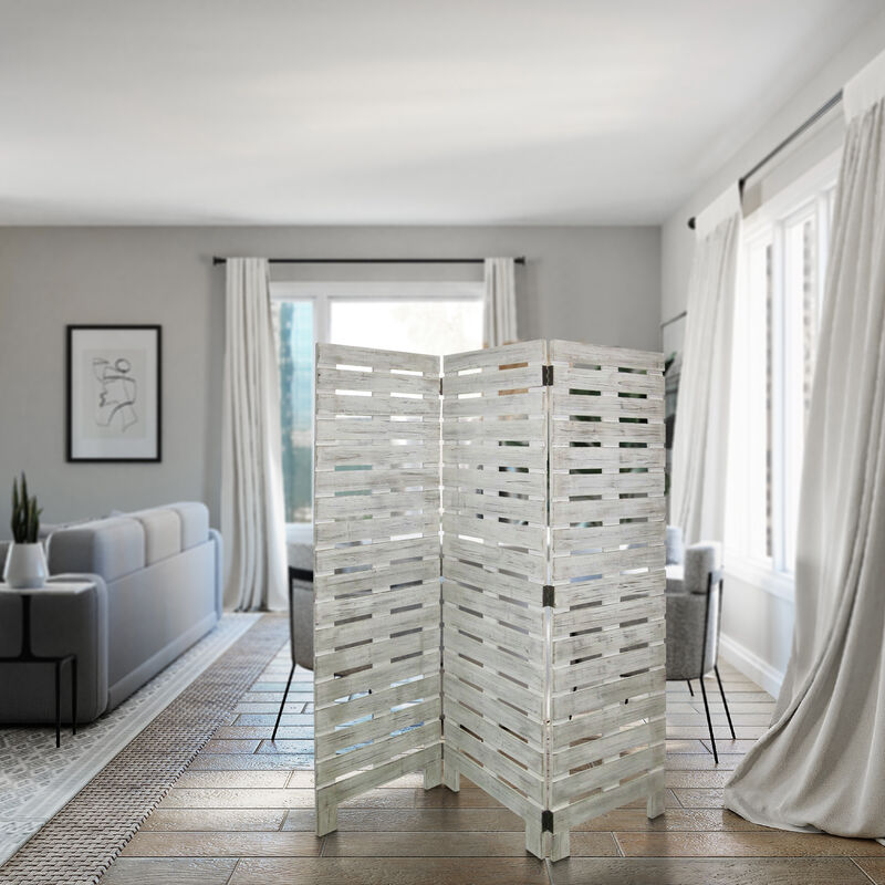 Textured 3 Panel Foldable Wooden Screen with Slats, Gray - Benzara