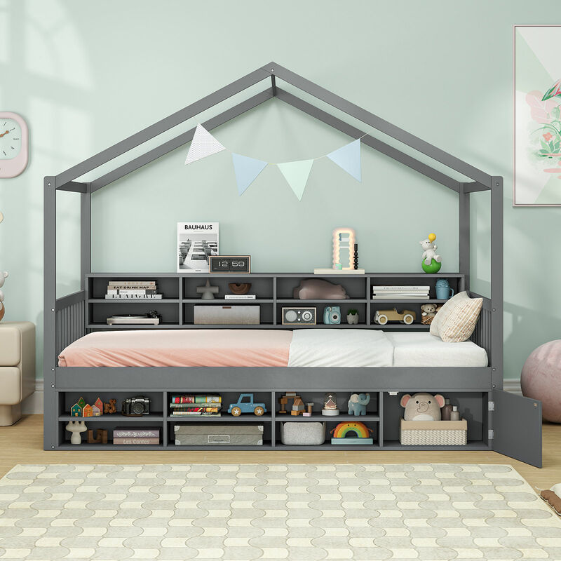 House Bed with Roof with 14 Storage Cubes and Enclosed Cabinet