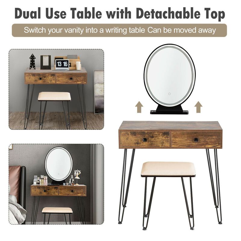 Industrial Makeup Dressing Table with 3 Lighting Modes-Rustic Brown