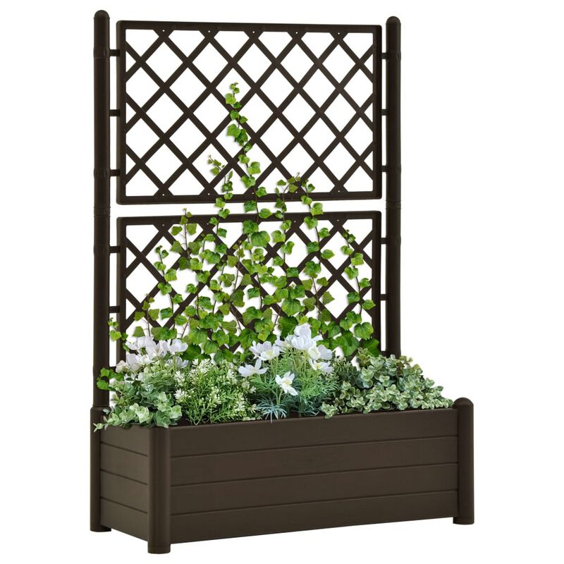 Garden Planter Flower Box with Trellis, Mocha Brown Plastic, Drainer - Benzara